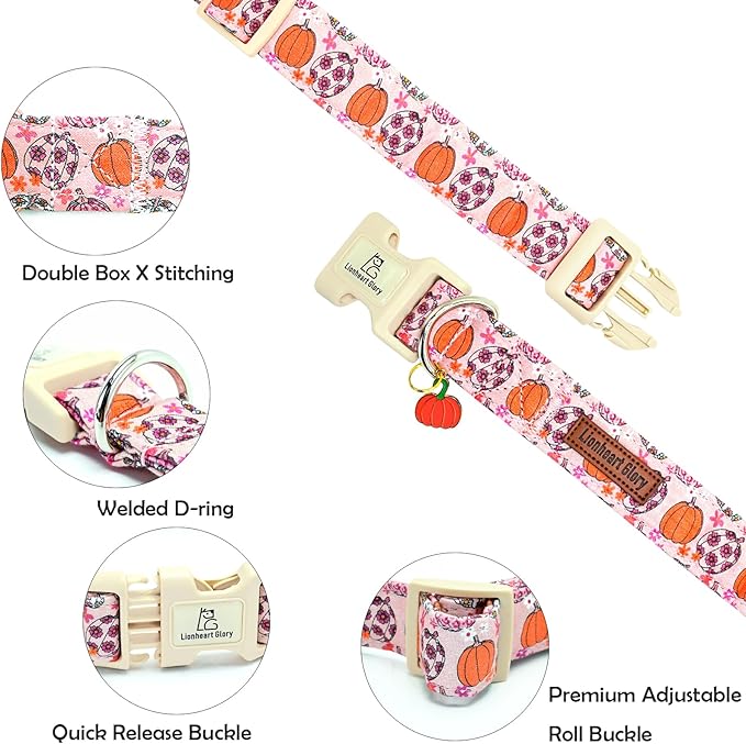 Lionheart glory Halloween Dog Collar-Pumpkin Floral Fall Pink Dog Collars with Cute Ghost Pendant Soft Adjustable Collar for Small Dogs Female Male Collars Party Pet Gift