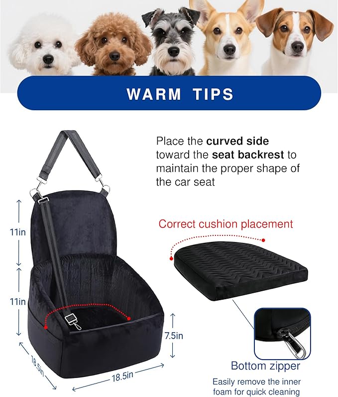 Dog Car Seat for Small Dogs, Dog Booster Seat with Extendable Backrest, Pet Car Seats up to 30 lbs, Washable Removable Cover Travel Bed with Storage Pockets and 2 Safety Leashes, Black&Grey