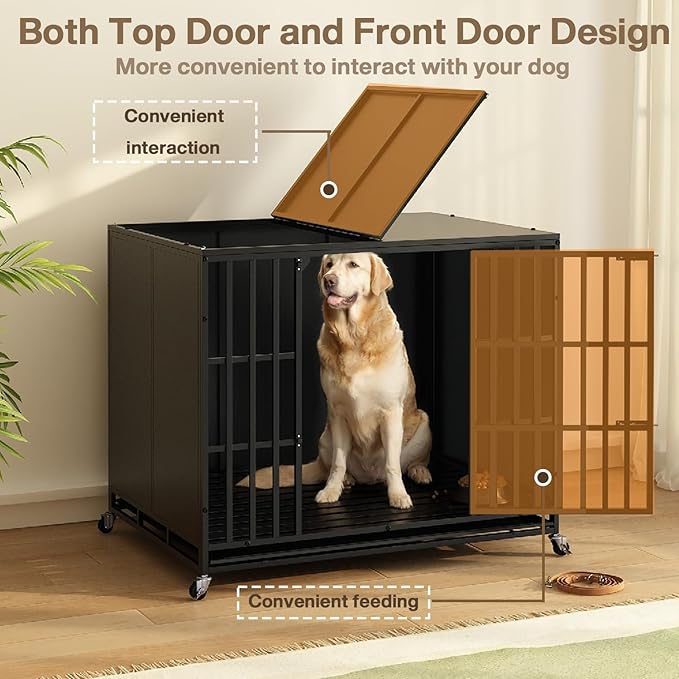 LEMBERI 42 inch Heavy Duty Indestructible Dog Crate, High Anxiety Extra Large Dog Cage for Large Dogs, XL Steel Escape Proof Dog Kennel with Wheels and Removable Tray