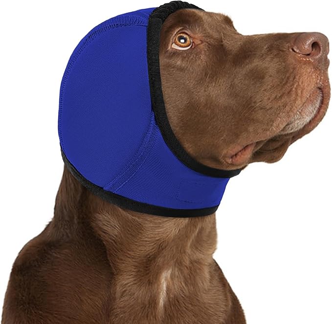 KOESON Dog Calming Hoodie - No Shake Ear Wraps for Dogs, Anxiety Relief & Noise Protection, Water Resistant Pet Ear Cover Muffs for Thunderstorms, Swimming, Firework, Grooming, Bathing, Royal Blue M