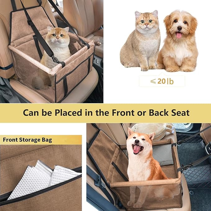 Dog Car Seat for Small Size Dog, Portable Cat Car Seat with Removable Safety Leash and PVC Support Pipe, Anti-Collapse Puppy Pet Car Seat Easy Assemble (Milky Coffee)