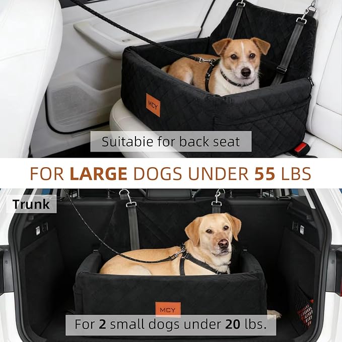 MCY Dog Car Seat for Large Medium Dogs, Dog Booster Seat with Thick Cushion, Portable Washable Pet Under 55 lbs, 2 Safety Leashes Travel Car Bed, Suitable for Home and Outdoor, Black