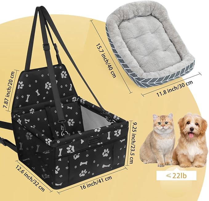 PetsHome Dog Car Seat Foldable Dog Car Booster Seat Waterproof Breathable Oxford Travel Bag for Small to Medium Dogs, Puppies, and Pets-Pattern Black+Mat