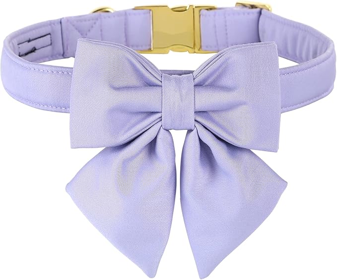 Maca Bates Violet Dog Collar with Cute Lavender Solid Sailor Bow Tie,Large Girl Boy Dogs,Girly Adjustbale Durable Breakaway Soft Collars with Bowtie for Female Male Puppy,Pet with Metal Buckle