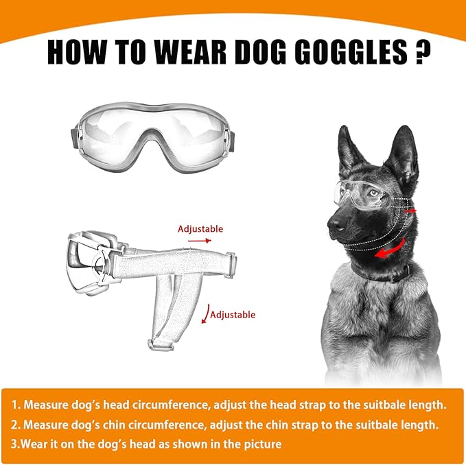 Dog Sunglasses Pet Goggles for Medium Large UV Protection Wind Protection Dust Protection Adjustable Strap Dog Glasses Suitable for Snow Beach Motorcycle (Black Frame Transparent)
