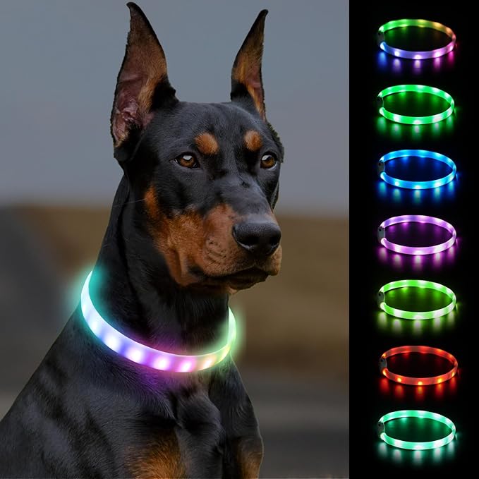 Cool LED Dog Collar Rechargeable Light Up Dog Collar Rainproof 9 Flashing Modes, Glow Collars for Night Walking, Cuttable Soft Silicone Collar (L,Colorful)