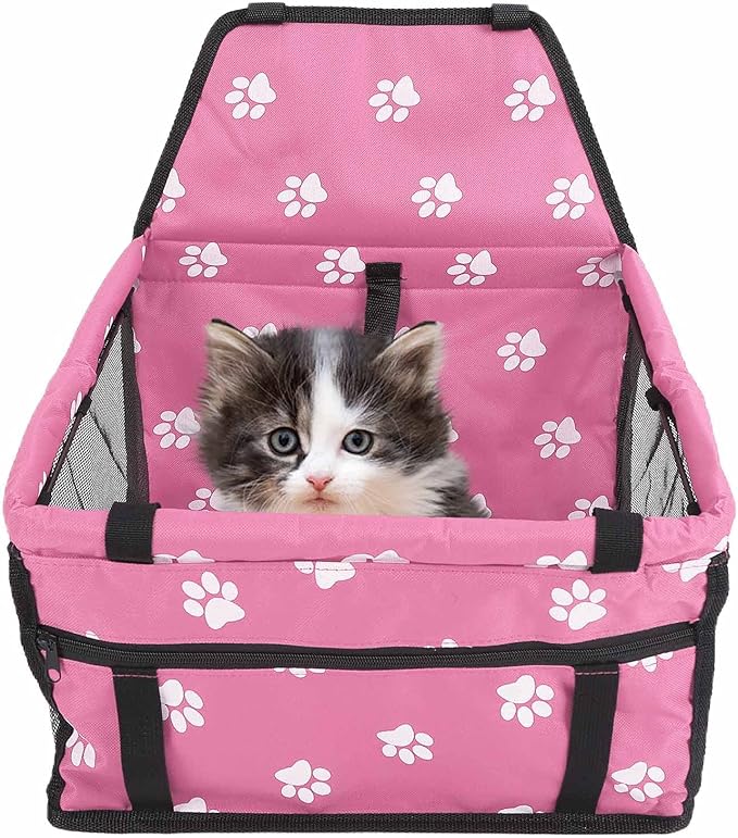 Pet Carrier Cage Dog Car Seat Bear Pattern Washable Foldable Pet Safety Travel Seat with Support Rod for Cars Oxford Cloth Material (Pink paw Print Support Stick Style)