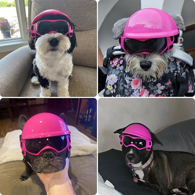 PETLESO Dog Helmet with Goggles, Anti-UV Doggy Sunglasses Pet Motorcycle Helmet with Ear Holes for Small Medium Dogs Outdoor Driving Walking Biking, Pink Outfit