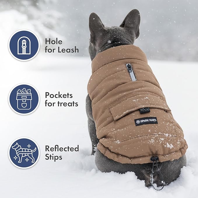 Spark Paws Dog Winter Jacket, Water-Resistant Coat, Warm Reflective Windproof Fleece-Interior, for Medium and Large Dogs - Tan - M