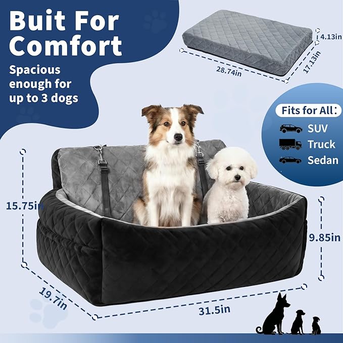 Garvee Extra Large Dog Car Booster Seat with Safety Belt, 3-Side Pet Travel Bed for 2 Medium Dogs, Waterproof & Non-Slip, Foldable Car Seat Cover for Truck SUV Sedan