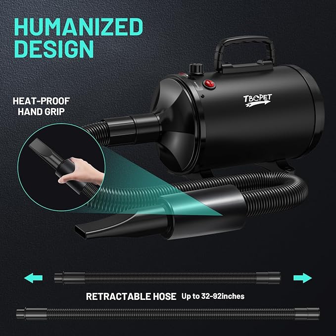 Dog Dryer High Velocity Dog Hair Dryer 5.2HP/3800W, Stepless Adjustable Speed Temperature Dogs Grooming Blow Dryer, Pet Dryer with 4 Nozzles,Blow Dryer for Dogs, Black