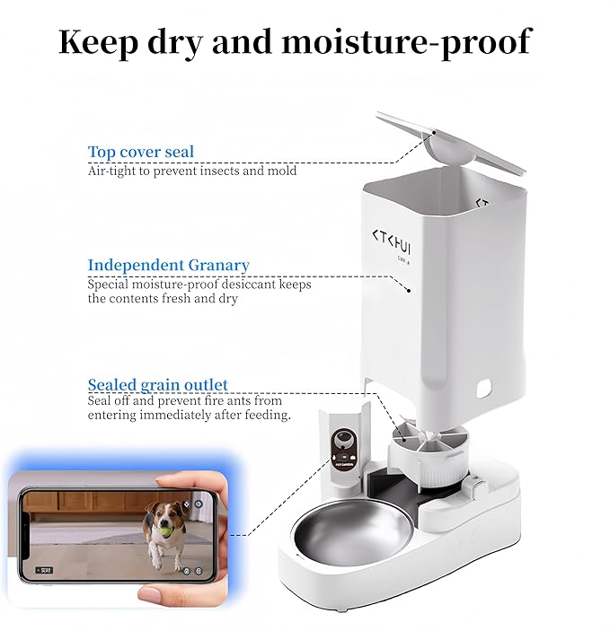 Automatic Dog Feeder with Camera, 1080P HD Video with Night Vision, Scheduled Automatic Pet Feeder, Separated Design Wide Grain Path with 2-Way Audio ＆ Feeding Call Function for Small Dog & Cat