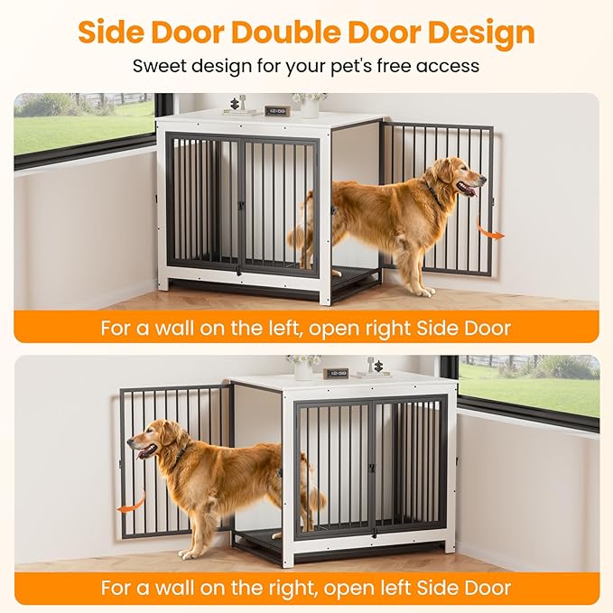 Dog Crate Furniture, 42 InchI ndoor Large Dog Kennel for Medium to Large Dogs Up to 70 LBS, Heavy Duty Wooden Pet Cage End Table with 3 Doors, Alloy Steel Frame & Removable Tray