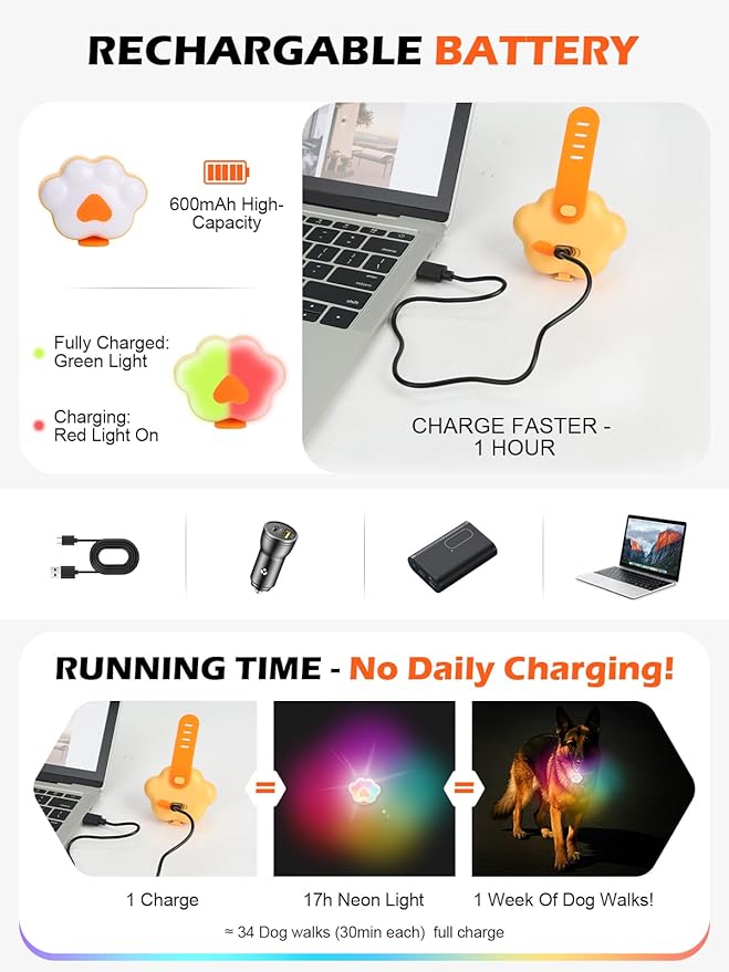Lekereise Dog Lights for Night Walking, 6 Modes IPX5 Waterproof Dog Collar Lights Up Clip on, Rechargeable LED Pet Harness Collar Light Glow in The Dark Nighttime Camping Bike Accessories