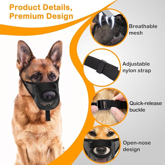 Durable Dog Muzzle for Small, Medium & Large Dogs，Soft & Breathable Air Mesh，Adjustable No-Bite Muzzle for Barking & Chewing，Open-Nose Design for Easy Breathing & Outdoor Comfort-Medium