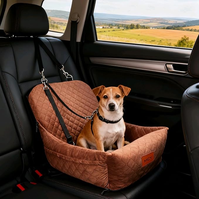 Dog Car Seat for Small Dogs, Fully Detachable and Washable Pet Booster Car Seats, Pet Travel Home Bed Ultra Soft Fabric, Adjustable Straps,Easy to Install, Brown