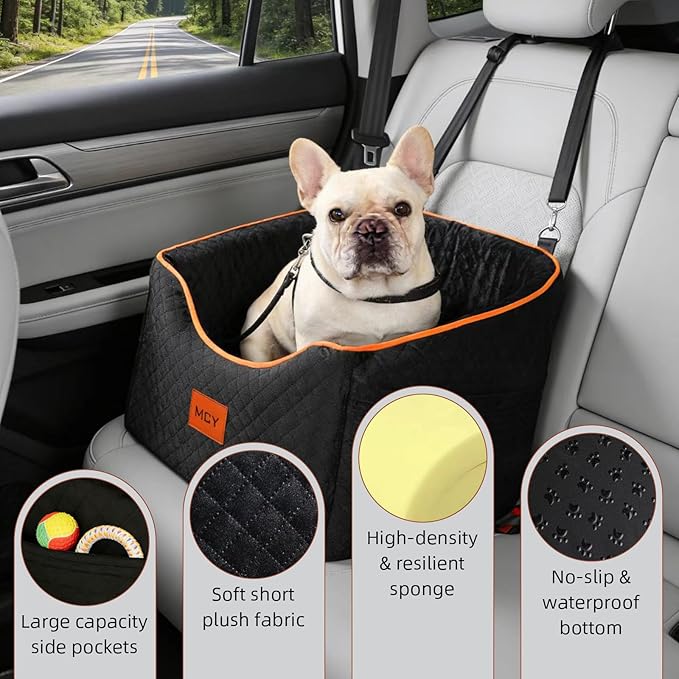 MCY Dog Car Seat for Small Dogs, Elevated Pet Car Seat, Travel Safety Pet Seat for Dogs up to 35 lbs, Memory Foam Booster Dog Seat with Washable Removable Cover, Storage Pockets, Black (Black)