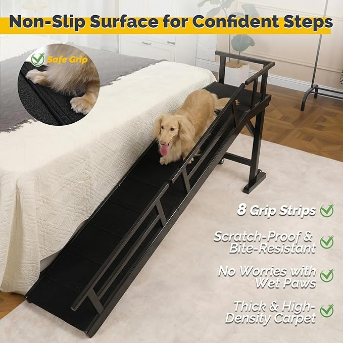 Dog Ramp for Bed or Couch, Wooden Pet Ramp with 20° Gentle Slope, Removable Side Rails, Non-Slip Surface, Top Platform & Wheels, Safe Bed Ramp for Small, Medium & Senior Dogs, 74" Long, Black