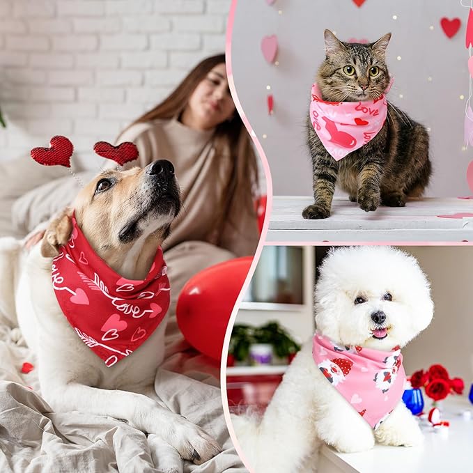 Retisee 100 Pieces Valentines Dog Bandanas Bulk Heart Puppy Bibs Triangle Dog Scarf Kerchief Set Pink Pet Bandanas for Valentines Day Pet Costume Accessories Decoration