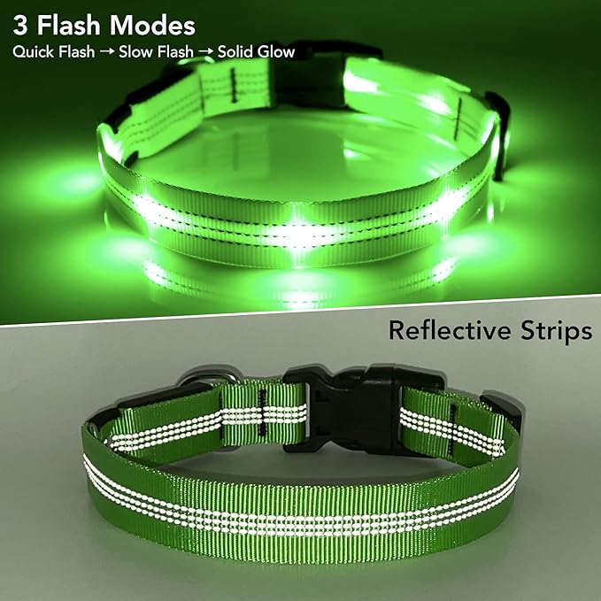 Weesiber Light Up Dog Collars - Rechargeable LED Collar - Reflective Adjustable Dog Lights for Night Walking (Green, Small)