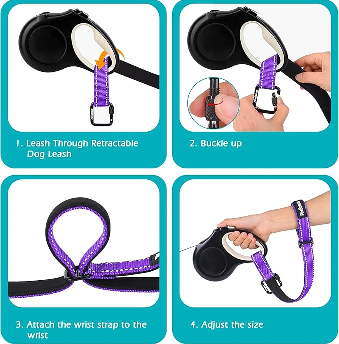 PetBonus Dog Leash Wrist Strap, Safety Strap for Retractable Leash, Lockable Reflective Short Dog Walking Lead with Adjustable Soft Padded Handle, Extra Layer Security for Pet Stroller (Purple)