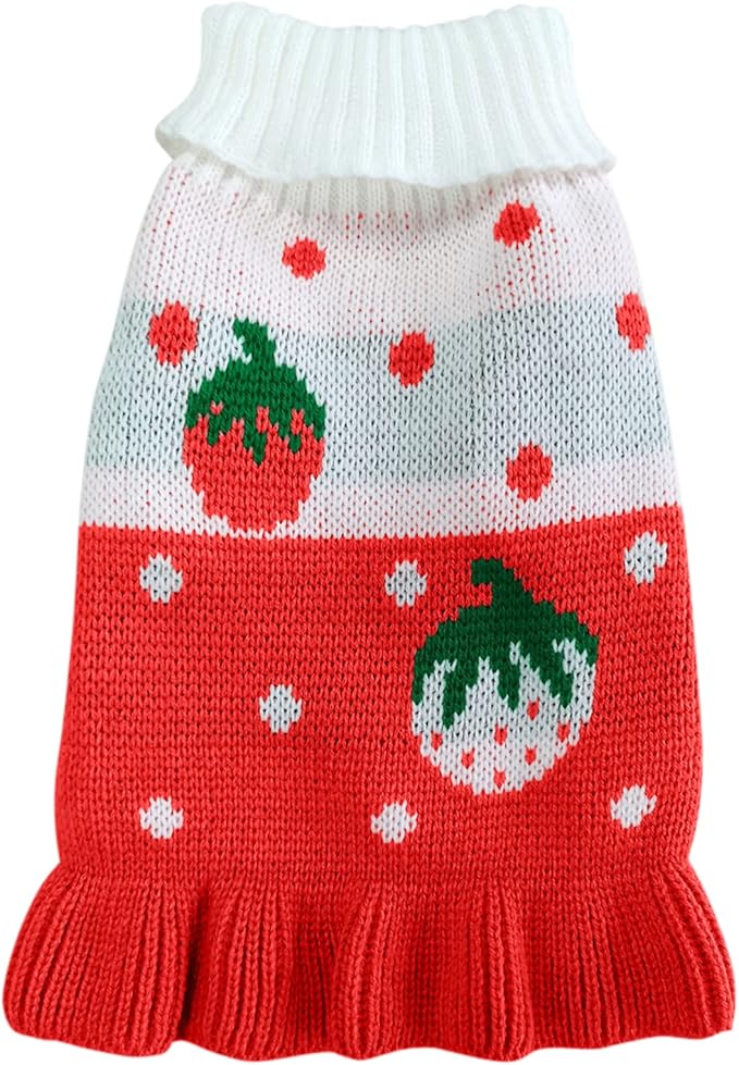 CHBORCHICEN Pet Dog Sweaters Classic Knitwear Turtleneck Winter Warm Puppy Clothing Cute Strawberry and Heart Doggie Sweater (L, Dress-Red1)