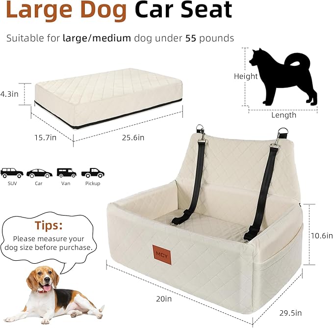MCY Dog Car Seat for Large Medium Dogs, Dog Booster Seat with Thick Cushion, Portable Washable Pet Under 55 lbs, 2 Safety Leashes Travel Car Bed, Suitable for Home and Outdoor, White