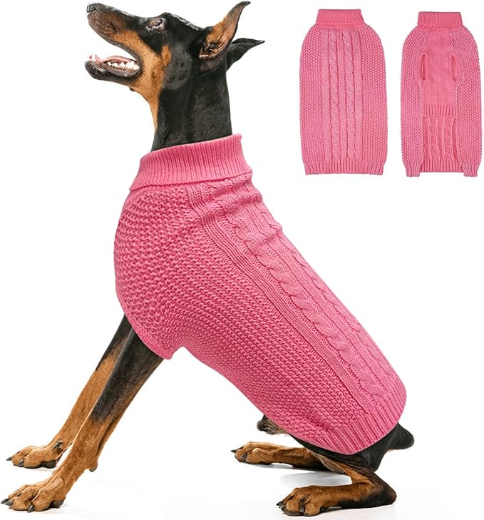 XXL Dog Sweater, Classic Cable Knit Warm Dog Sweatshirt with Reflective Yarn for Girl Boy, Halloween Fall Winter Coat Turtleneck Pullover Clothes Apparel for Small Medium Large Dogs (Pink XXL)