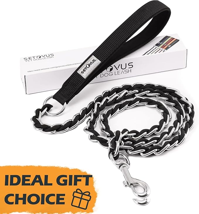 Chew Proof Metal Leash Chain Dog Leash for Medium Large Dogs, Chain Link Anti Chew 5FT Strong Anti Bite Comfortable Soft Padded Handle Black