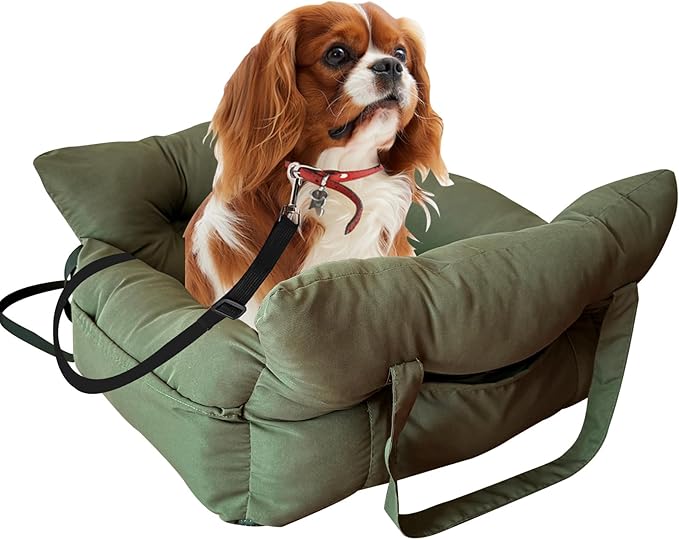 Medium Dog Car Seat Up to 28lbs - Pet Travel Bed Booster with Storage, Safety Tether, Anti-Slip Bottom for Cars(Green)