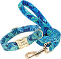 Personalized Floral Dog Collar and Leash Set Custom Small Medium Large Dog Pet ID Collar Lead Flower Print Dog Engraved Collars Blue Set M