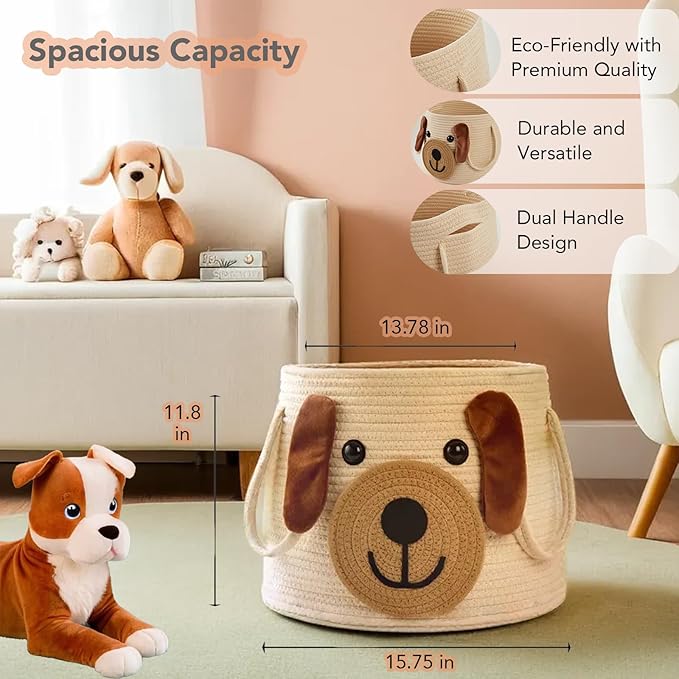 Large Dog Woven Basket with Handles - Toy Storage Bin, Baby Gift & Animal Nursery & Cute Laundry Basket, for Clothes, Towels, Toys (Dog)
