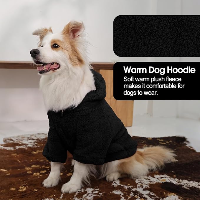 IDOMIK Fuzzy Dog Sweater with Adjustable Hood, Warm Fleece Dog Sweater Hoodie with Harness Hole & Pocket, Pullover Sweaters for Large Dogs, Fuzzy Hooded Sweatshirt for Fall Winter Christmas,Black,XL
