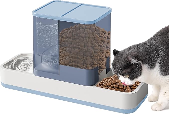 Yummy Sam Automatic Small Pet Feeder and Water Dispenser, 2 in 1 Gravity Cat Auto Pet Feeder and Waterer Set Feeder Dish for Small Medium Pets Dog Puppy Kitten (Blue)
