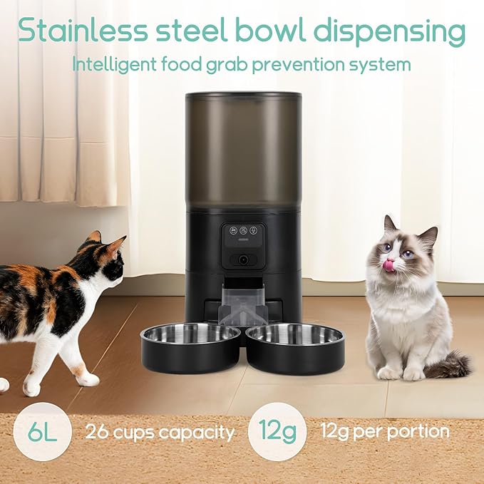 Automatic Cat Feeder with Camera, 7 Litre Dual Bowl Automatic Dog Feeder with HD Video and Night Vision, 2.4G WiFi ，SD Card Storage and Two-Way Audio