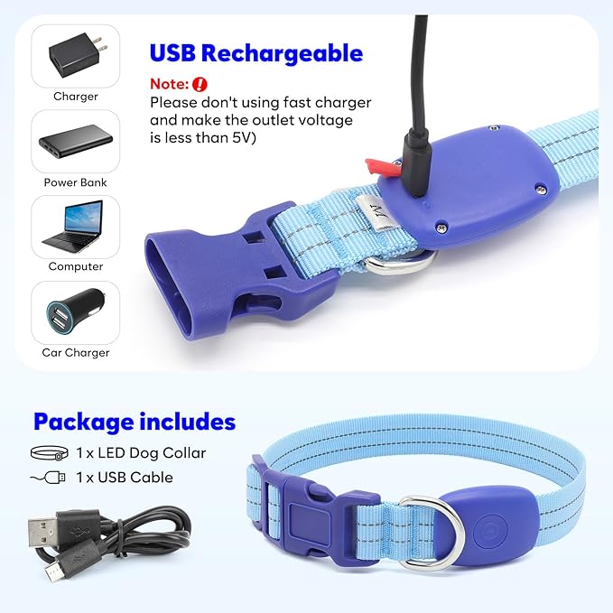 Light Up Dog Collar, LED Lighted Reflective Dog Collars for Night USB Rechargeable, Glow Collar for Dogs, Waterproof Adjustable Flashing Dog Collar for Night Safety (Blue, Large)