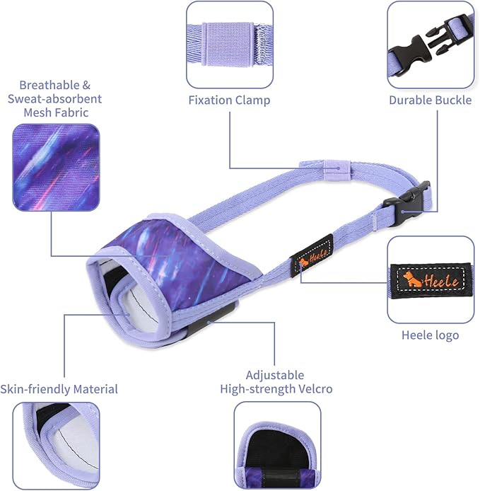 HEELE Dog Muzzle,Soft Nylon Muzzle Anti Biting Barking Chewing,Air Mesh Breathable Drinkable Adjustable Loop Pets Muzzle for Small Medium Large Dogs 4 Colors 4 Sizes (P-Meteor Purple, XS)