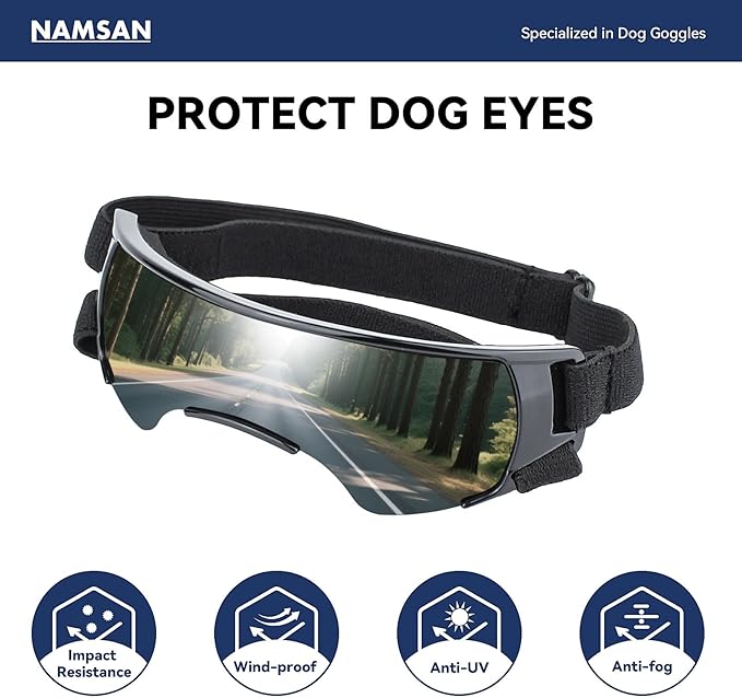Namsan Dog Goggles Small Breeds, UV Protection Dog Glasses for Small Dogs, Puppy Sunglases Windproof Dustproof Driving Eye Protection, Adjustable, Cute Silver