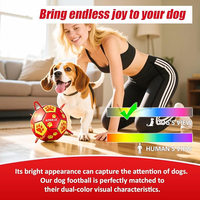 Size 3 Dog Soccer Ball with Straps Durable Training Ball for Pets Interactive Outdoor Dog Toy, Red & Yellow, Paw Prints Design, for Medium & Large Dogs' Playtime