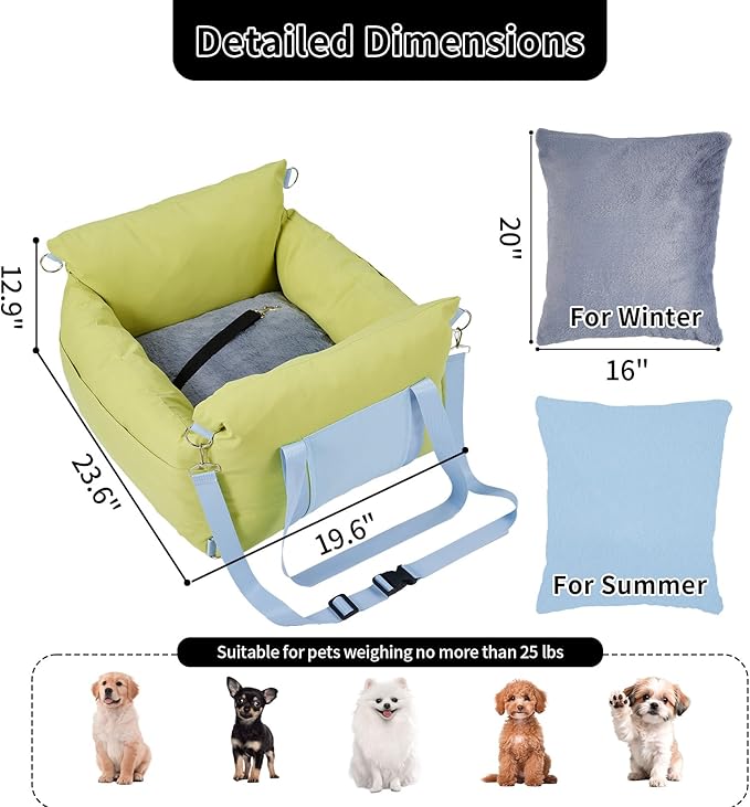 Dog Car Seat for Small Dogs, Waterproof Pet Booster Seat with Safety Leash & Storage Pockets, Thickened Comfort Bed Travel Carrier 24"x20"x13" (Green)