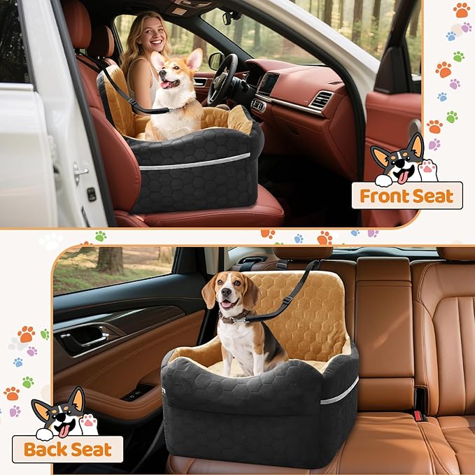 Dog Car Seat for Small/Medium Dogs - Puppy Car Seat Under 35 lbs with Thick Elevated Cushion & Safety Belt for Travel - Detachable & Washable Dog Booster Seat with 2 Sides Storage Pockets(Black/Brown)