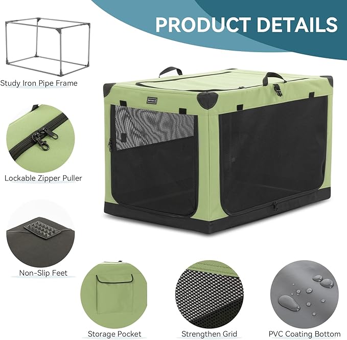 PETSFIT Collapsible Dog Crate, with Patented Adjustable Fabric Cover, Chewproof & Lockable Mesh Doors, Waterproof Base Soft Sided Kennel Green 40 Inch