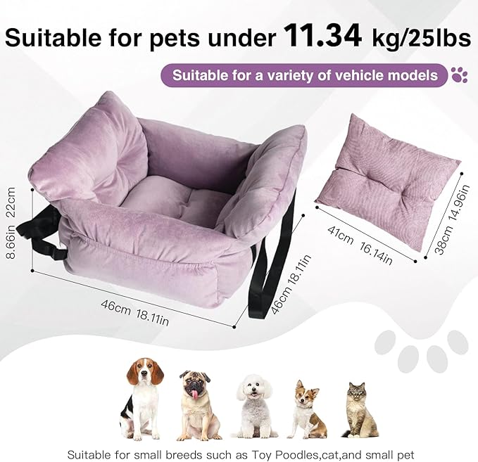 Pet Car Booster Seat for Small Dogs up to 25 lbs with Safety Straps, Storage Pockets, Travel Carrier Bed with Detachable Cover, Machine Washable (Light Purple)