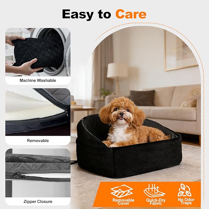 Small Dog Car Seat (Up to 30 lbs), Versatile Travel Bed Booster for Front or Back Seats, Removable and Machine Washable, Includes 2 Storage Pockets - Black