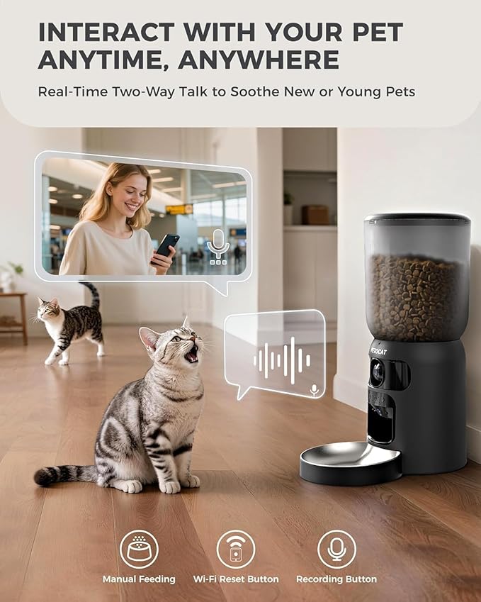 5L Automatic Cat Feeder with Dual 2K HD Camera, 2.4G / 5G WiFi Cat Food Dispenser with Cats Recognition& Diet Tracking, Laser Interactive Toy & Two-Way Audio