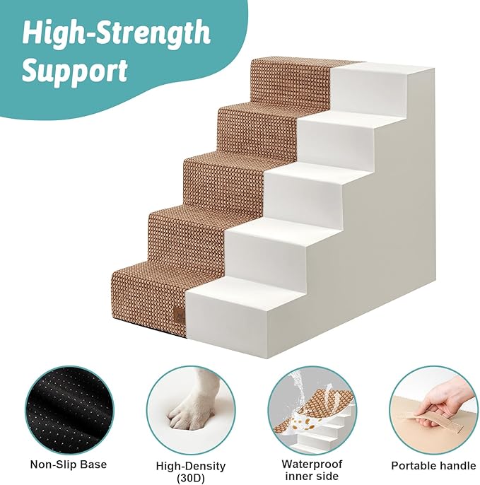 Dog Stairs for Small Dogs 5-Step, 19.7" Extra Wide Right-Angle Pet Stairs for Couch and Beds, Anti-Slip Dog Steps for Old Cats and Lowrider, 19.7x29.5x23.6 inch, Light Brown