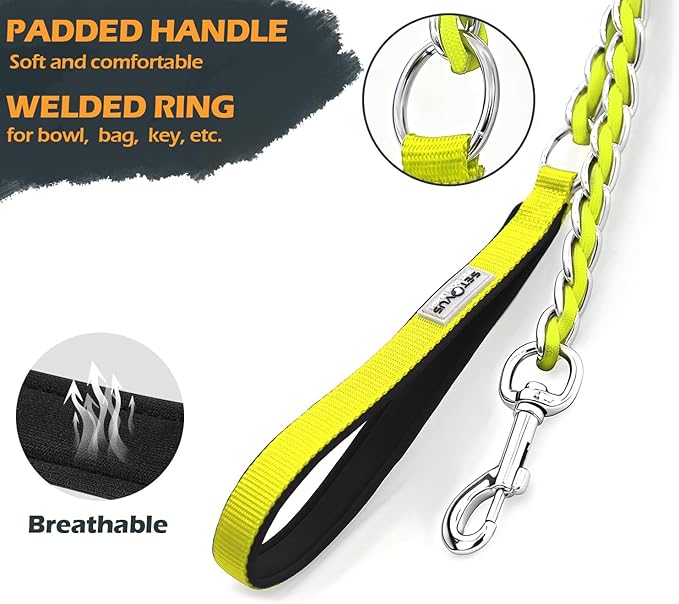 Dog Leash Chew Proof, Chain Leash Anti Chew Dog Leash for Large Dogs Heavy Duty, Indestructible Metal Leash Anti Bite Chain Link with Woven Cord Soft Padded Handle (Yellow, 5FT)