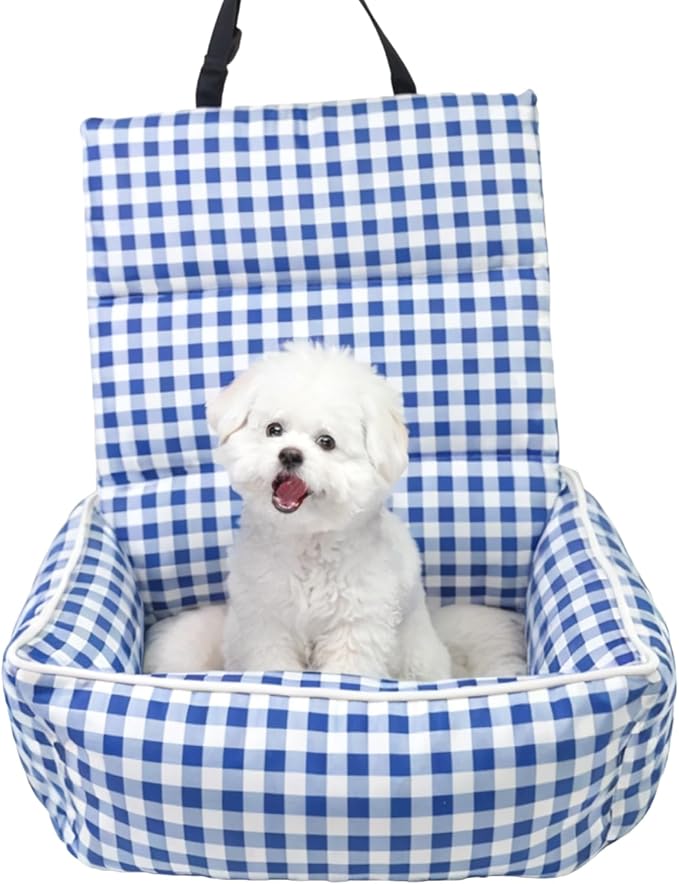 Pet Car Booster Seat for Small Dogs & Cats up to 25 lbs – Plaid Travel Seat with Safety Leash, Adjustable Straps, Non-Slip Base, 2-in-1 Convertible Bed, Detachable & Washable (Blue Plaid)