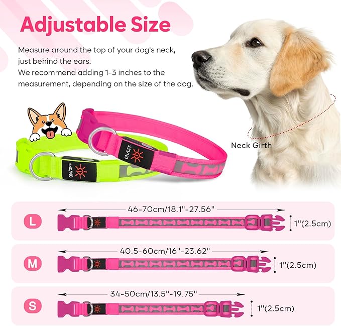 LED Dog Collar with Battery Display, Adjustable Light Up Dog Collars Rechargeable, Glowing in The Dark Reflective Light Collar Super Bright Safety Dog Light for Medium Large Small Pets (Pink, L)