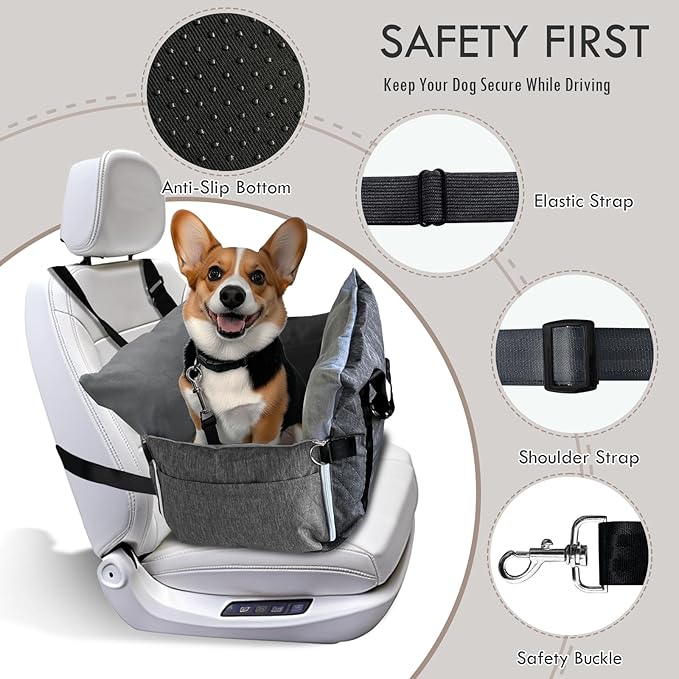 Dog Car Seat for Small/Medium Dogs Under 40 lbs - Elevated Pet Seat with Safety Belt, Non-Slip Base, and Storage Pockets for Car Travel (Gray, 30 x 20.5 inch)